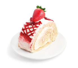 Strawberry cake on white plate