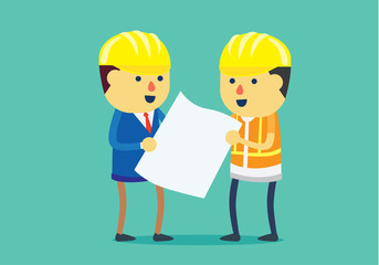 Engineer and architect wearing helmet and looking blueprint for working together in difference roles in team. This illustration about teamwork in difference roles.