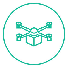 Drone delivering package line icon.