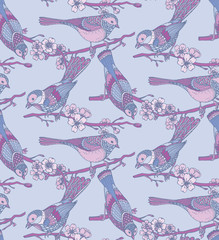 Seamless pattern with  hand drawn ornate birds on sakura branches and flowers.
