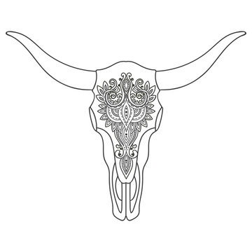 Decorative Indian bull skull with ethnic ornament.