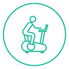 Man training on exercise bike line icon.