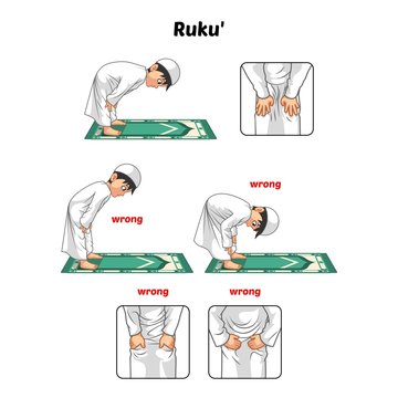 Muslim Prayer Position Guide Step by Step Perform by Boy Bowing and Hands Holding The Knee with Wrong Position 