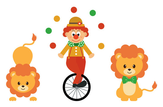 cartoon lion and clown and bike set