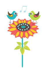 Cute birds on flower llustration. Stylized happy cartoon animal. Flat vector illustration. Child Color design.
