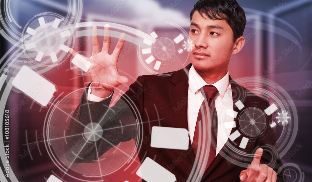 Poster composite image of unsmiling businessman holding and pointing