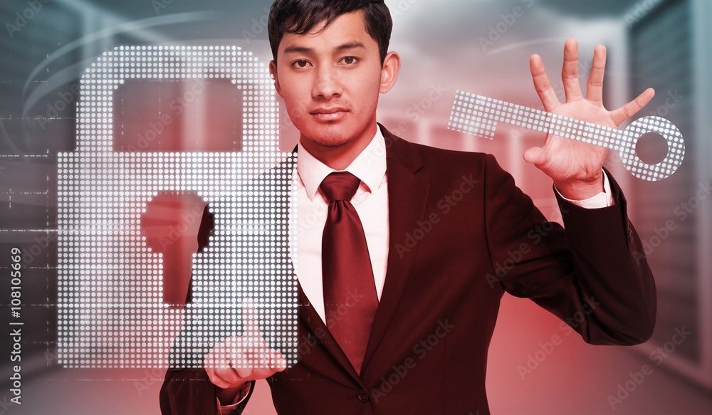Poster composite image of unsmiling businessman holding and pointing