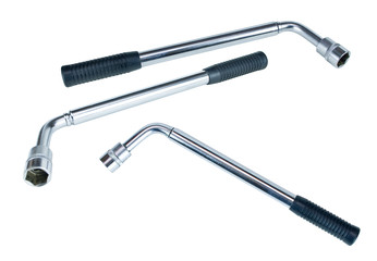 Wheel wrench with head isolated on white. Car accessory for changing a wheel on a car. Shiny metal.