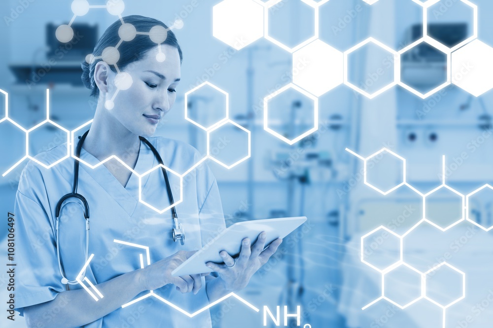 Poster composite image of surgeon using digital tablet with group