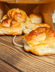 bakery, buns, rolls with cinnamon for breakfast, luncheon on the table