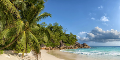 panoramic view of anse georgette in praslin island seychelles
