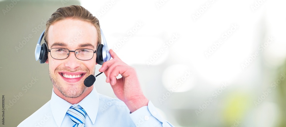 Poster composite image of smiling businessman with headset interacting