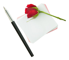 Blank, greeting card, empty white card, valentine. little red rose, pen, paper