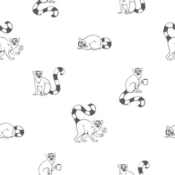 Seamless pattern with cute cartoon  ring-tailed lemurs on white  background. Madagascar cats. Vector image.