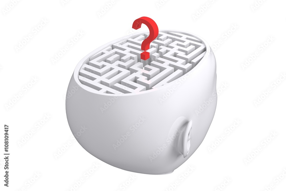 Poster composite image of maze as brain with question mark