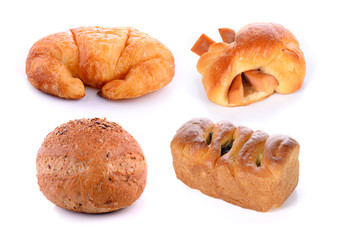 fresh croissant,Bread wheat,Bread stuffed, Raisin Bread on white