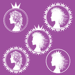 girl woman face profile curly decorative hair style royal crowns vector illustration
