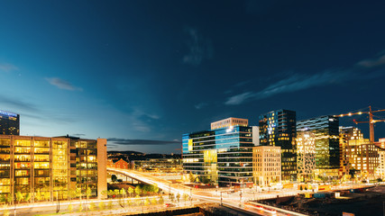 Night panoramic view of street in the city centers in Oslo, Norw - obrazy, fototapety, plakaty