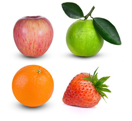 orange,apple,strawberry,citrus sinensis on white background