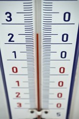 
Aged outdoor thermometer in the retro design measuring mild temperature of twenty degrees of...