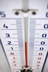 
Aged outdoor thermometer in the retro design measuring mild temperature of twenty degrees of Celsius 