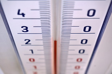 
Aged outdoor thermometer in the retro design measuring mild temperature of twenty degrees of Celsius 