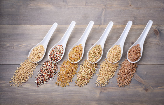 Grains. From left: barley, quinoa, wheat khorasan, buckwheat, oats, spelt