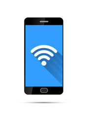 Realistic black smartphone with wifi icon on blue background