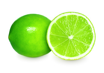 Fresh lime and slice on white background