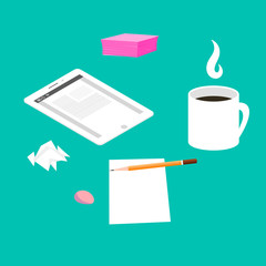 Morning breakfast day planning. Tablet pc on table and cup of coffee. Snack time and brainstorming. Top view and flat design illustration.