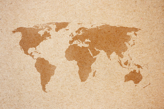 world map on natural brown recycled paper