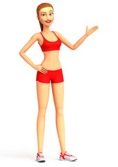 3d rendering illustration. Girl athlete hand points to an empty