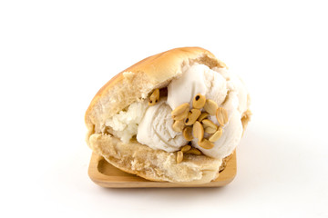 Coconut ice cream in bread white background 