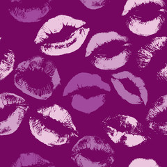 Seamless pattern with beautiful violet colors lips prints on lil