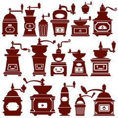 Set with different shapes vintage coffee mills silhouettes. Elem