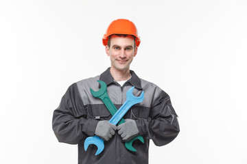 builder holding wrench isolated on white