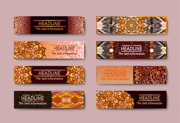 Set of banners with ethnic ornament and the concept of the flyer. Vector decorative card or invitation design illustration. Antique, ethnic art, Islam, Arabic, Indian, Ottoman motifs, elements