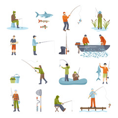 Fototapeta na wymiar Fishing People Fish And Tools Icons Set