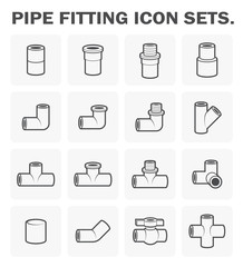 PVC or plastic pipe fitting vector icon. Include straight, nipple, reducer, elbow, tee, valve. For connection many size of tube pipe in pipeline for plumbing, drainage system, sewage and water supply.
