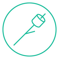 Marshmallow roasted on wooden stick line icon.