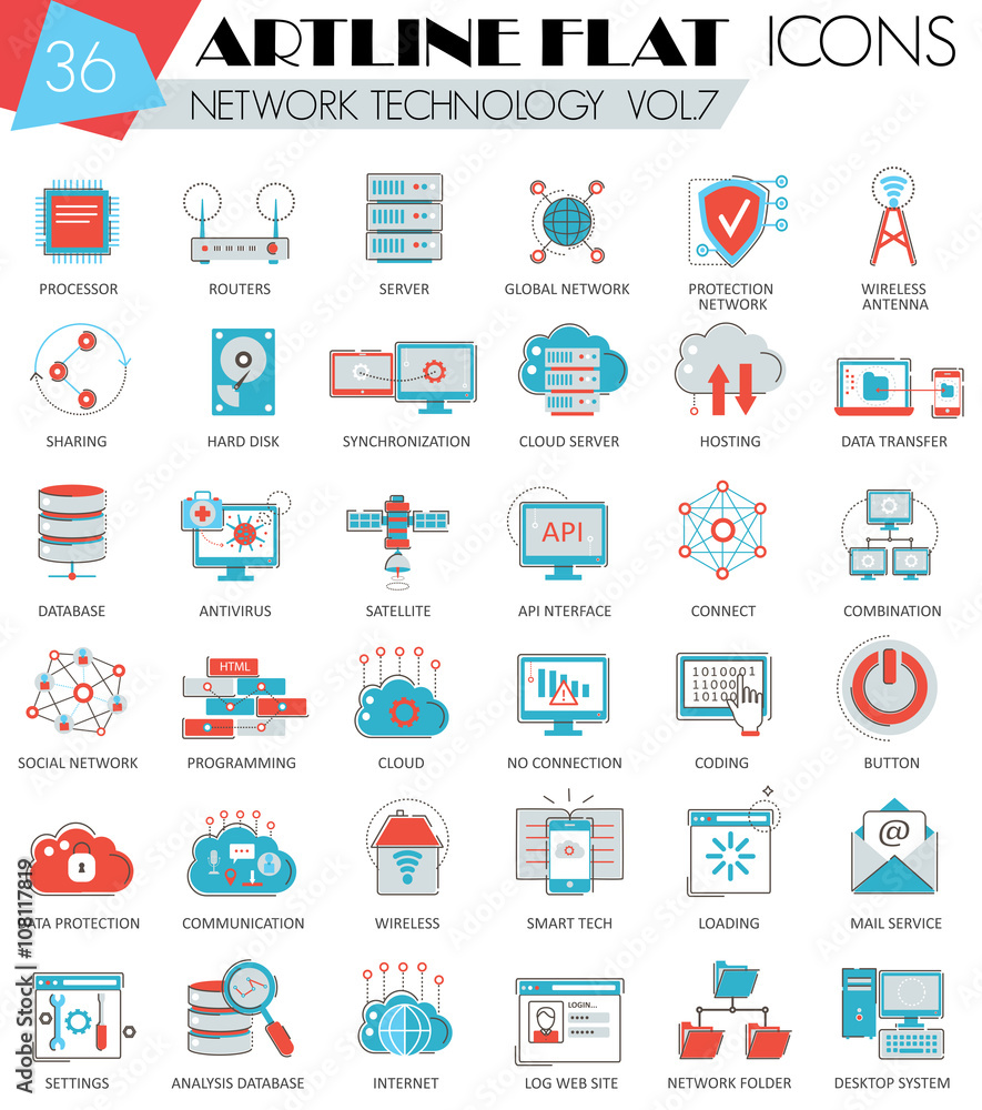Poster Vector Network technology ultra modern outline artline flat line icons for web and apps.