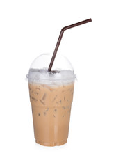 iced coffee in plastic cup on white background