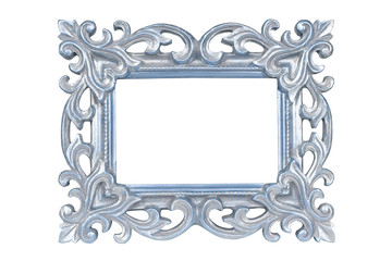 Silver blue carved picture frame isolated over white with clipping path.