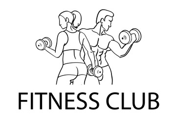 Man and woman Fitness template. Gym club logotype. Sport Fitness club creative concept. Bodybuilder and woman Fitness Model Illustration, Sign, Symbol, badge.