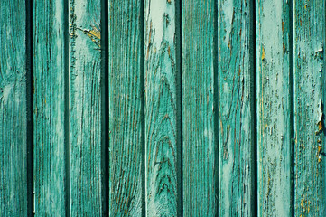 Fototapeta na wymiar Green textural wooden old background. Green wooden wall close up for your design. Green painted old wall
