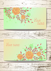 Vector set of templates invitations or greeting cards with hand drawn flowers and watercolor elements on a wooden background. In orange, red and green colors.