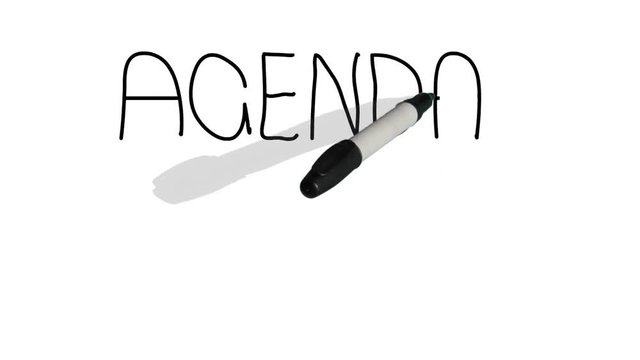 A moving black pen with a shadow writes on a plain white surface 'Agenda'