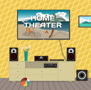 Home cinema system in interior room. Home theater flat vector il