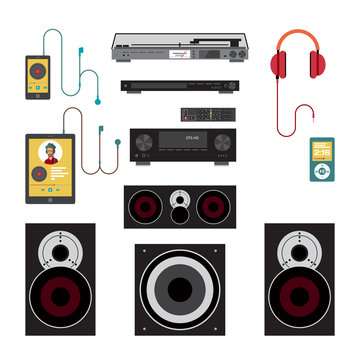 Home sound system. Home stereo flat vector illustration for musi