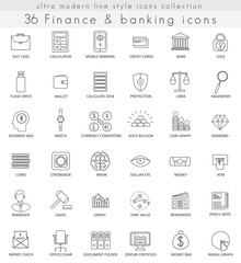 Vector Finance and banking ultra modern outline line icons for web and apps.